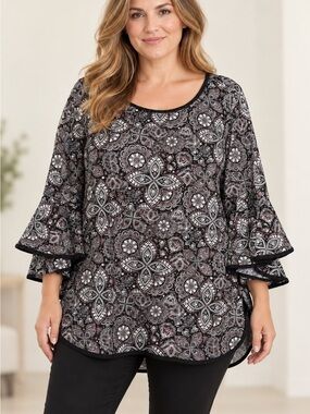 Once Again Colorful Paisley Pullover Top Flounce Ruffle 3/4 Sleeve Womens XL NWT